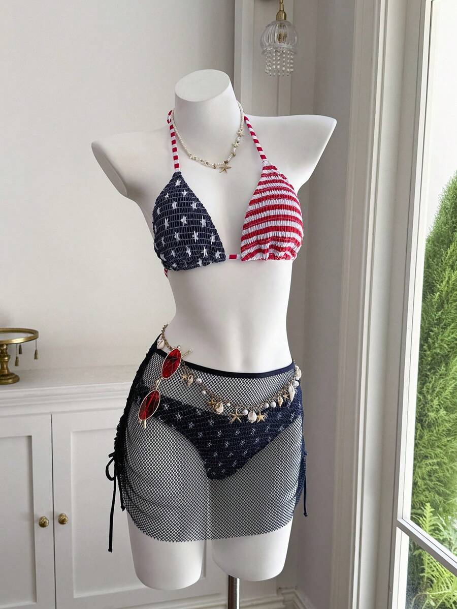 Comfortcana Conjunto de Maiô Bikini Halter com Nó Torcido e Estampa de Listras Contrastantes para Mulheres - Multicolorido - Visão 1