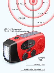 1 pièce Radio à manivelle, Radio d'urgence solaire dynamo AM/FM avec batterie de 2000MAh et lampe de poche brillante pour les urgences et en extérieur