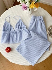 Comfortcana 女士两件套编织条纹休闲度假套装，春夏款 - 藍白色 - 查看 2