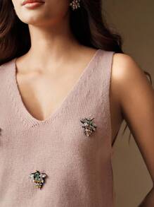 Anewsta Top/camiseta/blusa de punto con escote en V decorada con strass en forma de abeja, conjunto casual de primavera/verano para mujer