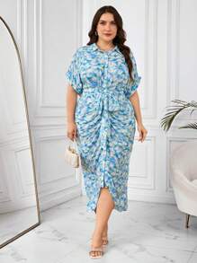 Modelyn Plus Size Women Summer Holiday Floral Printed Batwing Sleeve Belt Pleated Fitted Shirt Dress