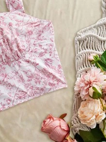 SHEIN VCAY Áo ba lỗ nữ dệt toàn thân in họa tiết cắt ngắn ôm sát lò xo dành cho nữ mặc dạo phố, đi nghỉ thường ngày, áo mùa hè đi nghỉ - Màu Hồng baby - Xem 4