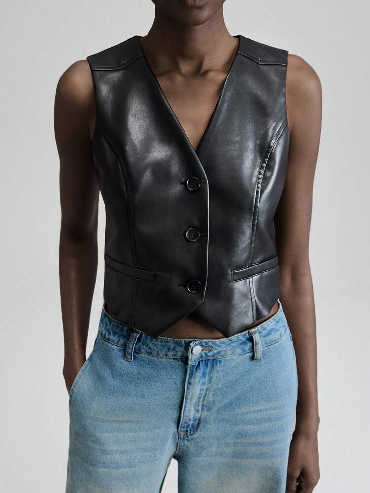 Women's Black PU Leather Waistcoat,Chic Summer Night Out Casual Vest,Old Money Style High-End Urban Commute Office Outerwear,Cool Versatile Ladies Top