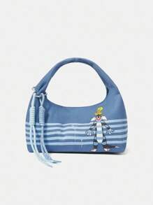 LOONEY TUNES X SHEIN Túi đeo vai màu xanh dễ thương họa tiết sọc và hoạt hình - Màu xanh bụi bặm - Xem 2