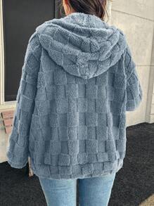 SHEIN LUNE 温暖舒适的休闲灰色蓬松夹克，加大码，适合外出，秋季感恩节女士新年女士冬季女士狂野毛绒夹克超大夹克蓝色夹克泰迪夹克短外套连帽夹克 - 霧霾藍 - 查看 6