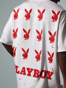 PLAYBOY X SUMWON T-shirt a maniche corte con logo a coniglio, stile giovanile, streetwear, adatta per festival, estate, primavera, casual, per tutte le stagioni, stile urbano - Bianco - Visualizzare 5