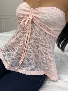 CovetEZ 女式纹理面料抽绳无袖短款上衣 - 粉色 - 查看 7