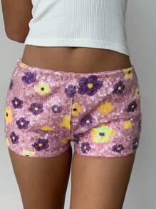 Aloruh Short femme sexy et mignon taille basse avec sequins, perles et broderie. Style Y2K, streetwear pour femme, idéal pour l'aéroport - Bleu ciel - Voir 4