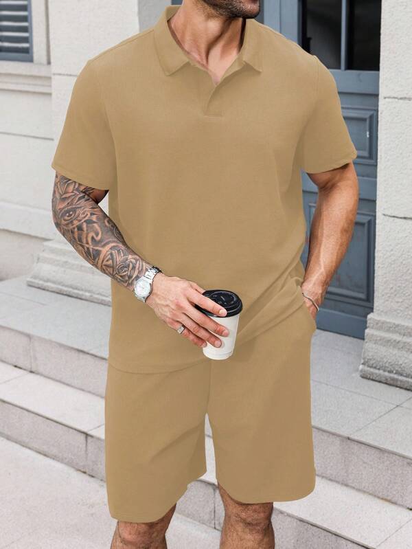 Manfinity Homme Plus Size Men's Plain Short Sleeve Polo Shirt And Shorts Set, Casual Minimalist Textured