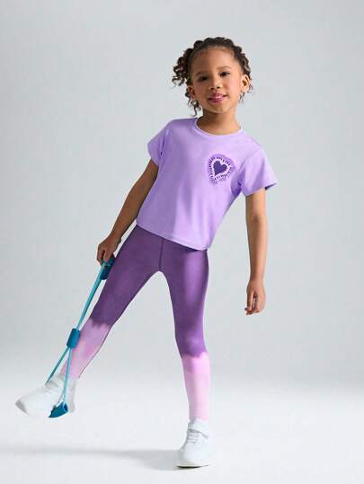 SHEIN Young Girls Sports Set - Loose Round Neck Short Sleeve T-Shirt + Fitted Gradient Print Leggings,Stretchy & Comfortable For Tennis, Running, Outdoor Workout, All Seasons
