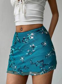 Aloruh Fashionable Beaded Embroidery Sexy Women Mini Skirt - Teal Blue - View 5