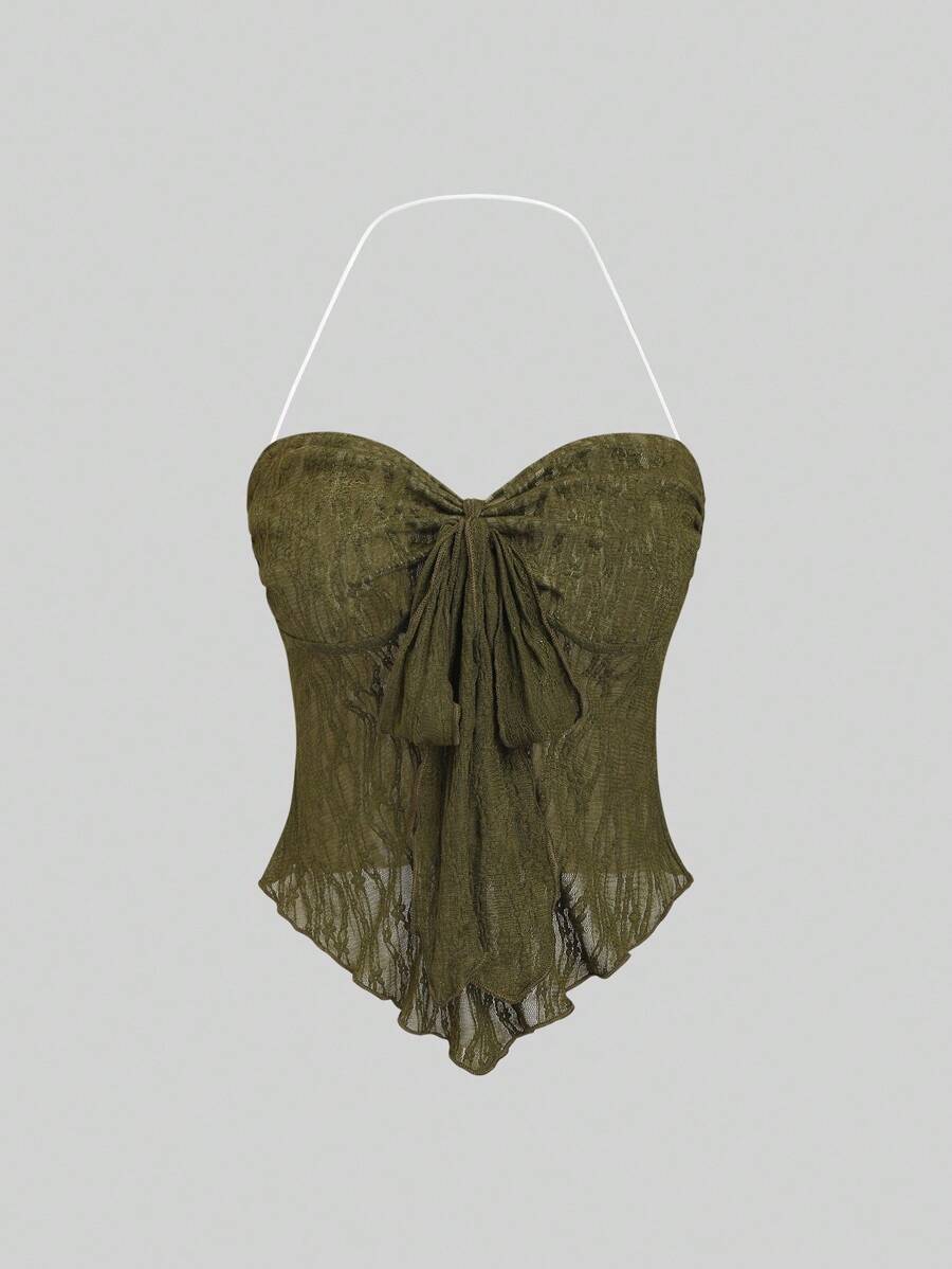 Sweetra Top corto de verano para mujer con cuello halter y nudo delantero, estilo Y2K