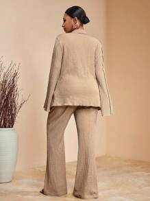 Veslaya Plus Size 2025 Autumn/Winter Valentine's Day Khaki Texture Fabric Bow Strap Horn Sleeve Top With Elastic Waist Small Foot Horn Pants Two Pieces Set - Khaki - View 2