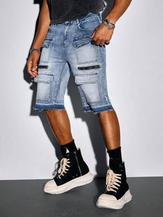 Street Life قصير جينز رجالي صيفي غير رسمي بجيب زيبر مزخرف وأسلوب الشارع