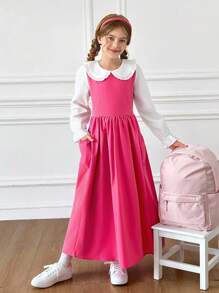 SHEIN Sparklyn Tween Girls Casual Lovely Peter Pan Collar Ruffle Sleeve 2-In-1 Cinched Waist Dress, Spring & Autumn Fall Winter - Pink - View 4