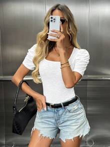 SHEIN LUNE 女式基本款纯色泡泡袖方领短袖 T 恤，休闲夏季日常可爱夏季上衣秋季女装外出可爱上衣可爱夏季上衣短款上衣度假女装办公室女士度假 Y2k 上衣可爱街头服饰机场女士趣味衬衫朴素上衣