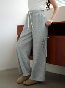 Tween Girl Grey Bowknot Hip-Hop Street Style Wide Leg Casual Sports Sweatpants, Suitable For Autumn Winter Cool Fall - Grey - View 4