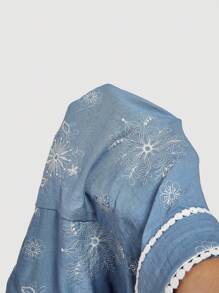 SHEIN MOD 女式不对称下摆抽绳腰部刺绣短裙，夏季/夏季，图案短裤，西部女装，波西米亚风，早午餐，茶会，短裙 - 彩色 - 查看 6