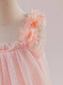 Glamorique Kids Girls' Princess Dress, Flower Girl Dress, Pink Mesh With Three-Dimensional Flowers, Loose Straps, Outdoor Clothing, Lace Dot Mesh, Wedding Guest Dress, Wedding Guest Dress, Children's Birthday Dress, Baby's Birthday Dress, Birthday Dress, Wedding Event Dress, Birthday Party Dress, Wedding Festival Dress, Lace, All-Season Dress - Pink - View 8