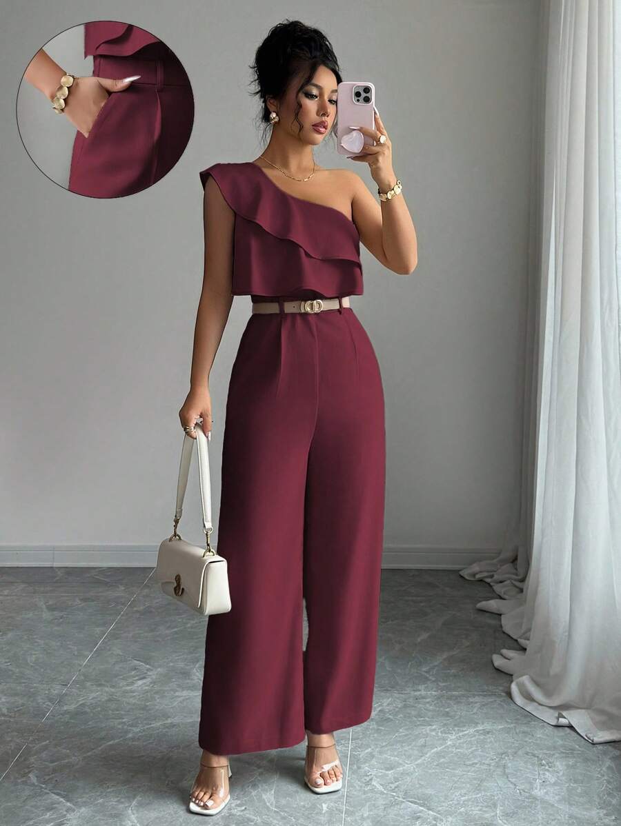 Elenzga 女士度假风格不对称领口双荷叶边腰部宽腿宽松连体裤，适合海滩、办公室、通勤、下午茶、派对 - 紫紅色 - 查看 1