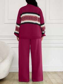 EURMUSE Women's Geometric Pattern High Neck Sweater 2pcs/Set - Hot Pink - View 2