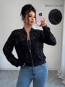 Elenzga Chaqueta de encaje de unicolor elegante para mujer, ideal para el transporte - Negro - Ver 1