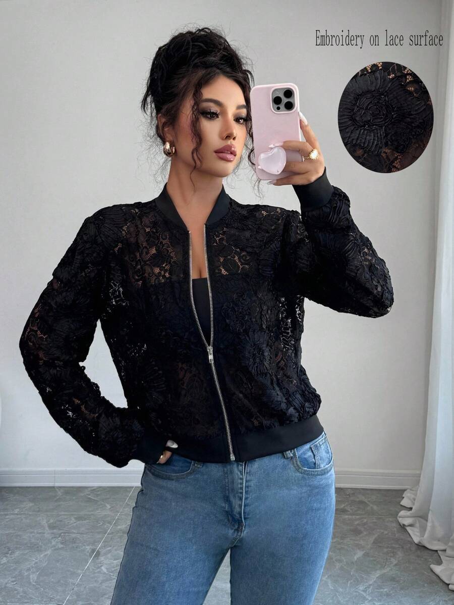 Elenzga Chaqueta de encaje de unicolor elegante para mujer, ideal para el transporte - Negro - Ver 1