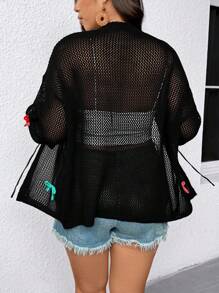 EMERY ROSE Plus Size Women Cover Up Sweater, Colorful Bowknot Hollow Out Beach Vacation Style Knitted Sweater - Black - View 2