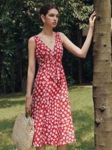Zielony Women's Elegant Summer Vacation Mini Ditsy Floral V-Neck Dress