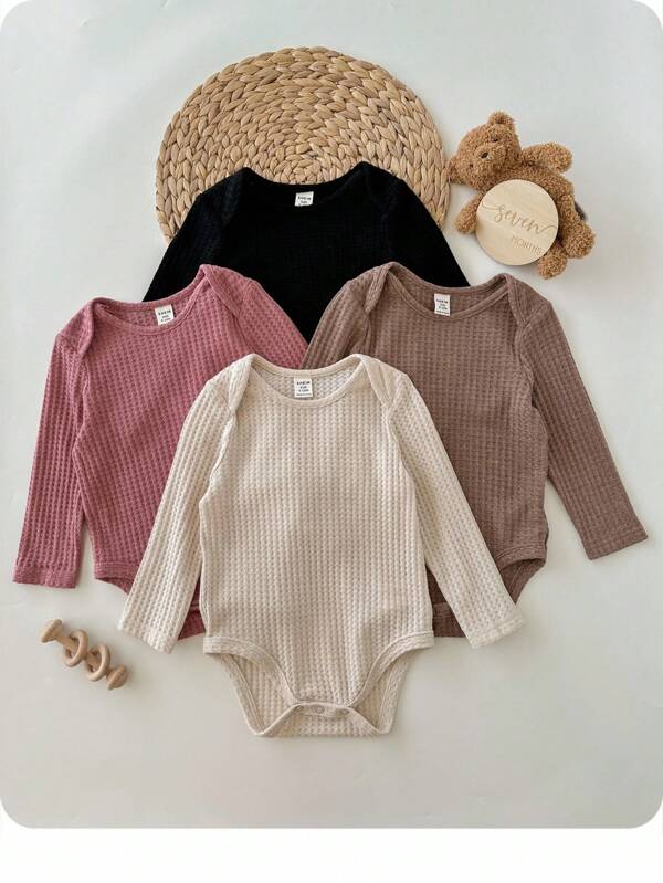 SHEIN Casual Solid Color Comfortable & Soft Long Sleeve Baby Girls Bodysuits
