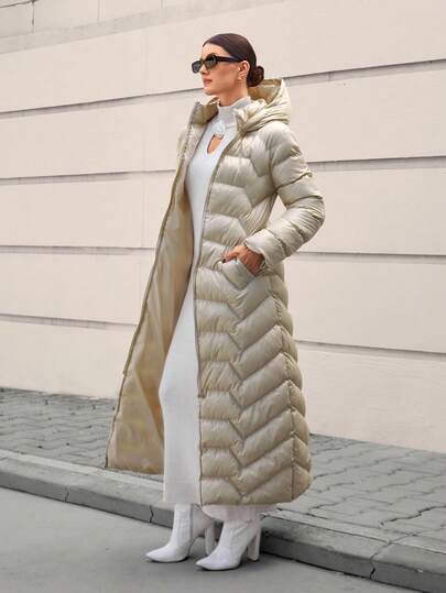 CLARA VERO Women Solid Color Zipper And Pocket Detailed Long Winter Coats Long Puffer Coat Women