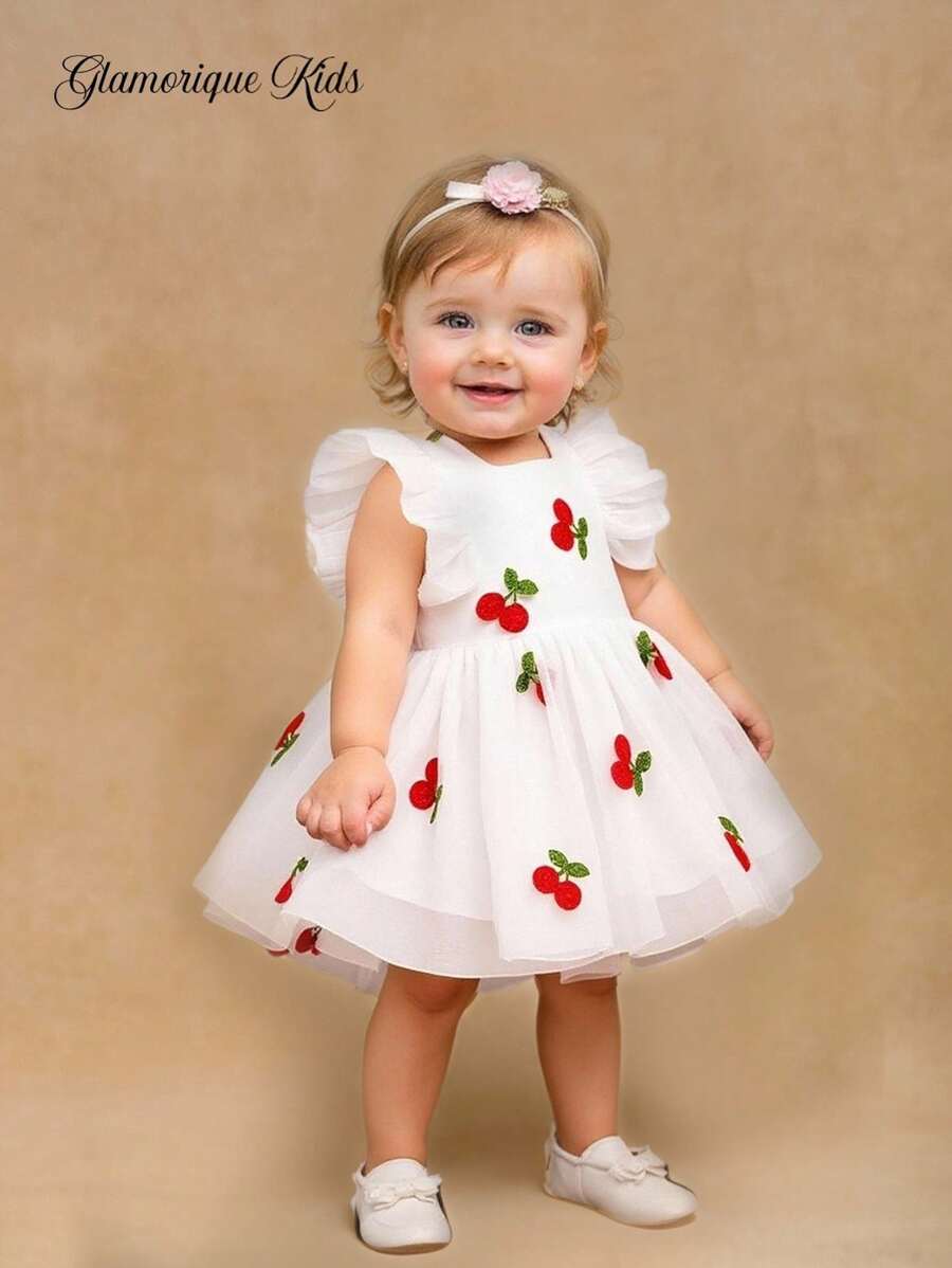 SHEIN Glamorique Kids 女婴粉色金属草莓和薄纱泡泡袖连衣裙,流行款式 - 白色 - 查看 1