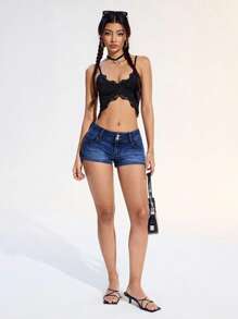 SHEIN ICON 大码女式夏季中长弹力修身牛仔短裤 - 深色水洗藍 - 查看 3