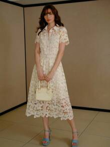 MOTF STUDIO VESTIDO DE ENCAJE GUIPURE CON CINTURÓN - Albaricoque - Ver 5