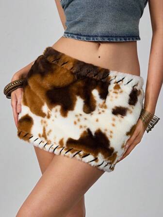 J-Fashion Women's Retro Hippie Festival Cow Print Fuzzy Fabric Mini Low Waist Skirt