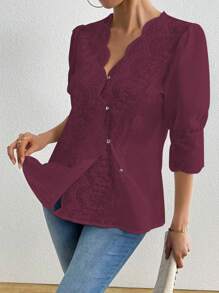 Chiquease 夏季休闲纯色刺绣衬衫，适合大学生穿着。