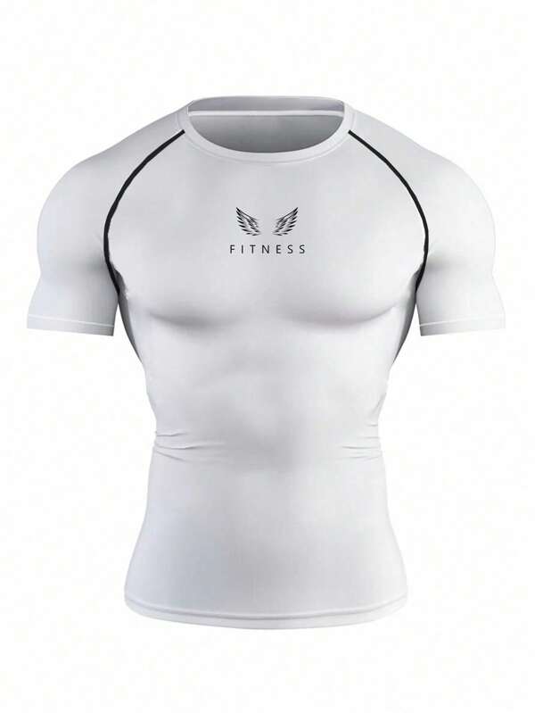 Manfinity Sport Polished Men's Letter Print Raglan Short Sleeve Fitness Casual Sports T-Shirt Workout Tops Gym Top Compression Shirt  Breathable