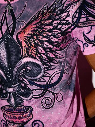 ROMWE Avant Camiseta de manga corta con cuello redondo, con aplicaciones de piedras de fantasía y efecto desgastado, para hombre, estilo urbano