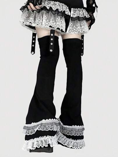 Grunge Punk 1 Pair Black & White Contrast Vintage Plaid Y2K Cute & Sweet Simple Lace Trim Thigh High Leg Warmers, Suitable For Daily Outfit, Music Festivals, Etc.