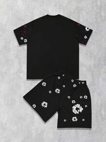 ROMWE MEN Street Life Set de 2 piezas Conjunto bordado de manga corta para hombres, adecuado para uso diario en primavera y verano - Negro - Ver 2