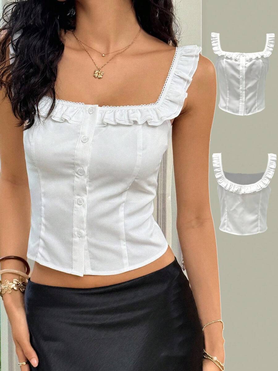 Rafferiza French Seaside Resort Ruffled Off-Shoulder Sleeveless Button-Down Waist-Cinching Blouse For Women - White - View 1