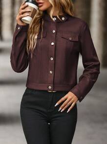 EMERY ROSE Women's Retro Minimalist Button-Up Short Cropped Jacket, Casual Fall Winter Cloth For Women - Rust Brown - View 5