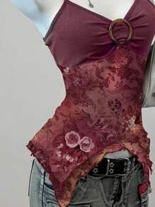 SHEIN EZwear 女士休闲简约印花网眼背心，适合夏季 - 玫紅色 - 查看 5