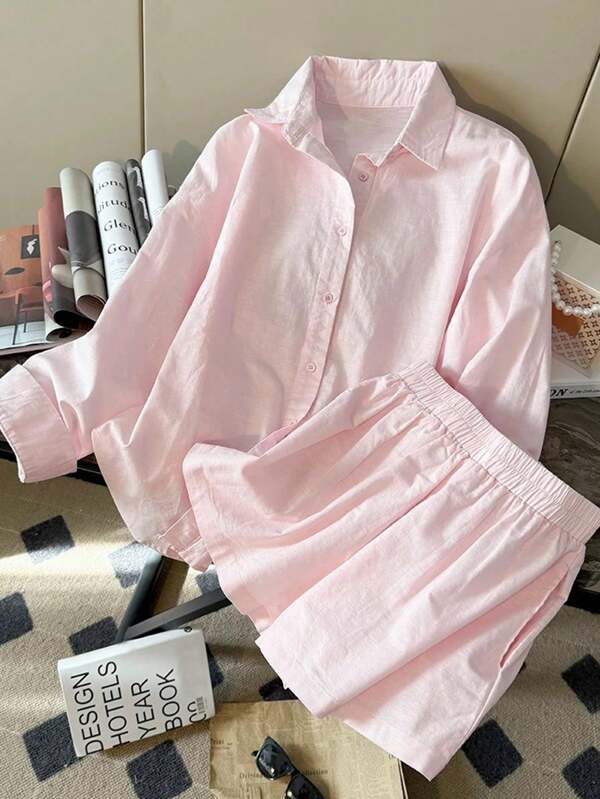 SHEIN PETITE CURVE New Minimalist Fashionable Linen Casual Loose Long Sleeve Shorts 2pcs Set, Plus Size