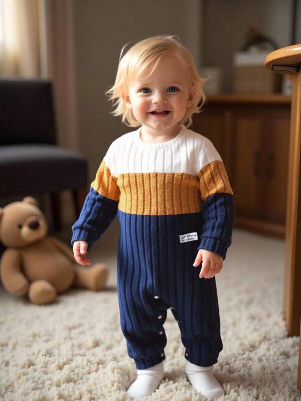 SHEIN Vintaside Kids 1pc Baby Boys Color Block Crew Neck Long Sleeve Jumpsuit, A Comfortable Casual Suitable For Baby Boys To Wear In Autumn, Spring And Winter. This Versatile And Durable Is Perfect For Various Daily Occasions, Keeping Baby Boys Fashionable And Cozy During Autumn And Winter Seasons.