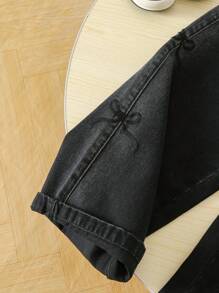 时尚少女牛仔裤，带有可爱的刺绣蝴蝶结设计，适合日常穿着 - 黑色 - 查看 4