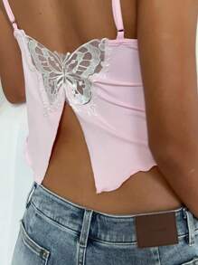 CovetEZ Women's Baby Pink Summer Elegant Y2k Night Out Butterfly Embroidery Backless Camisole Top,Ring Drawstring Asymmetrical Split Hem Perspective - Pink - View 9
