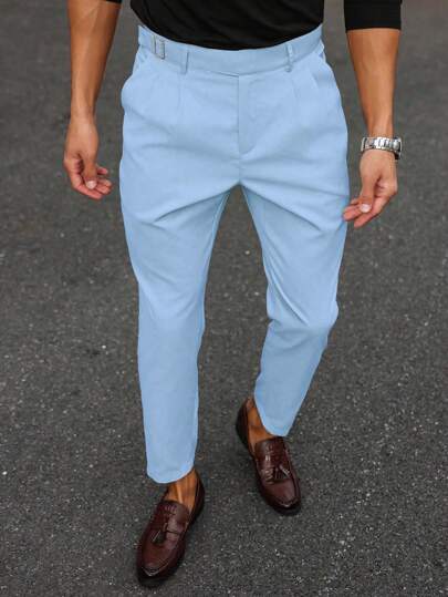 Manfinity Mode Men's Solid Color Casual Formal Pants With Waistband & Pockets, Straight Leg Light Blue Pants, Ceremony