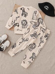 Playful Pals 秋季男童休闲动物印花长袖卫衣和裤子两件套