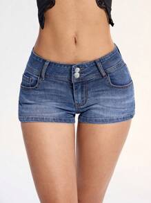 SHEIN ICON Shorts de mezclilla elásticos de talle medio para mujer de talla grande en verano - Azul lavado medio - Ver 1